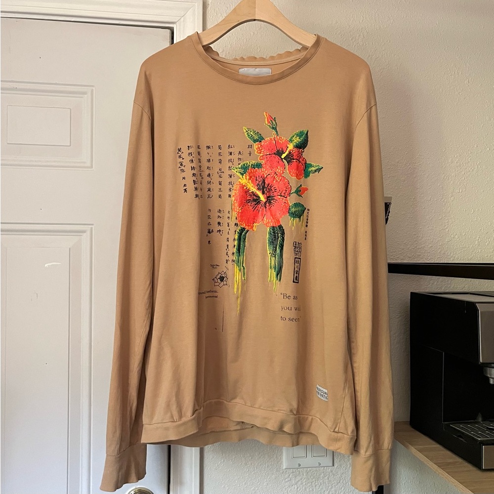 PROFOUND AESTHETIC tan cotton crew‎ floral text graphic long sleeve tee